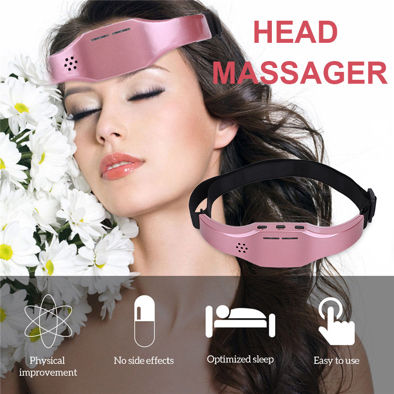 Smiling woman surrounded by white daisies, eyes closed in peaceful sleep after using the head massager, spa wellness setting.