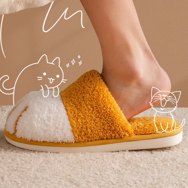 Winter House Warm Fur Slipers For Women Cute Cat paw Designer Bedroom Warm Plush Shoes Non-slip