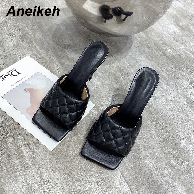 Aneikeh Sexy PU Diamond Square Head Peep Toe Thin High Heels Slippers Summer Slip On Slides Women Mules Party Shoes image 7
