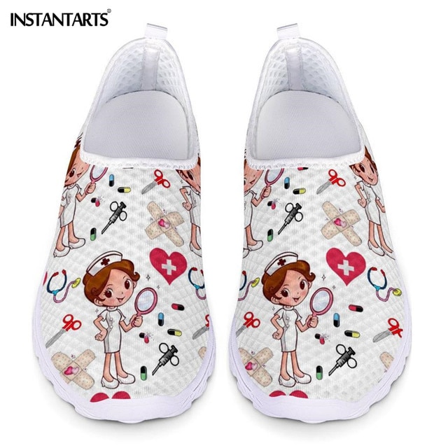 INSTANTARTS Cartoon Nurse Doctor Print Women Sneakers Slip On Light Mesh Shoes Summer Breathable Flats Shoes Zapatos planos