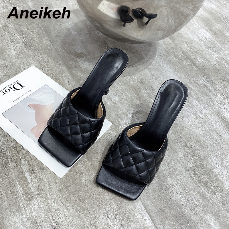 Aneikeh Sexy PU Diamond Square Head Peep Toe Thin High Heels Slippers Summer Slip On Slides Women Mules Party Shoes image 4