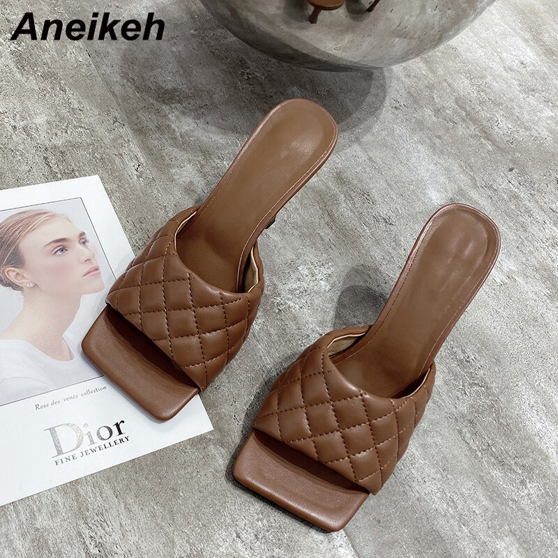 Aneikeh Sexy PU Diamond Square Head Peep Toe Thin High Heels Slippers Summer Slip On Slides Women Mules Party Shoes image 6