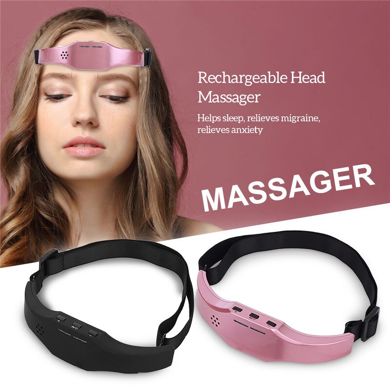 Woman experiencing headache and insomnia, holding her temple, about to use the sleep aid device.