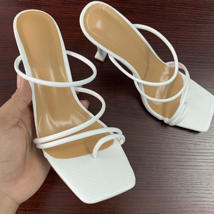 Women sandals snake print strappy mule heels sandals slippers women high heels flip flops square toe slides party shoes woman image 6