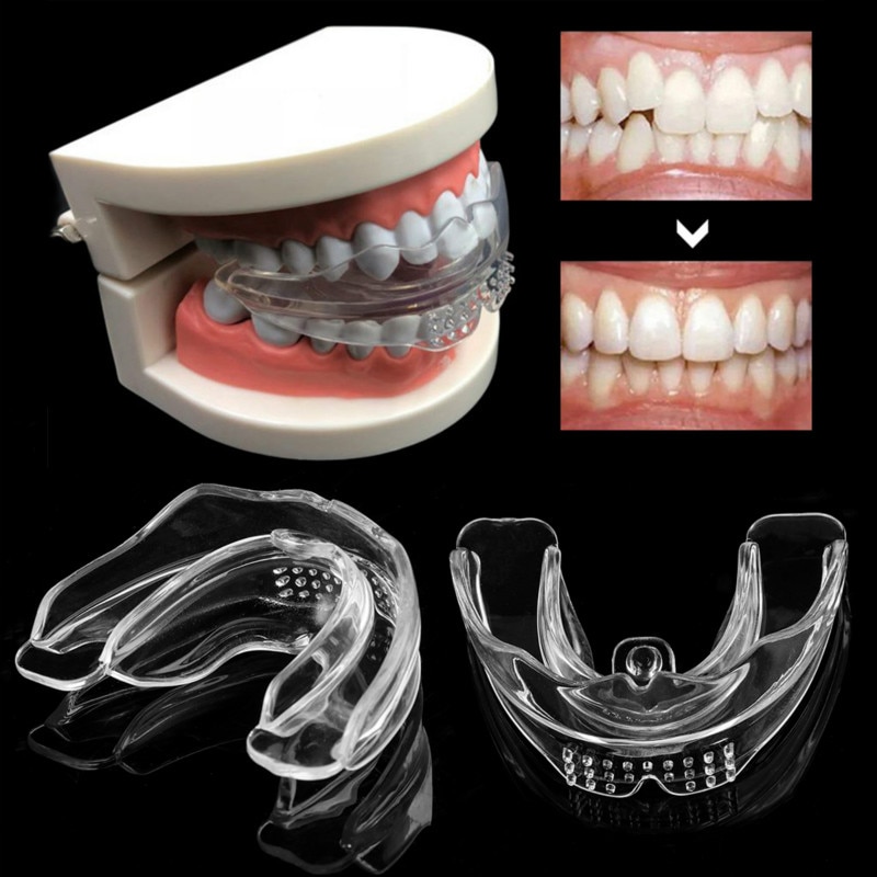 Two before/after close-ups with treatment result arrows showing specific bite correction and tooth positioning improvements