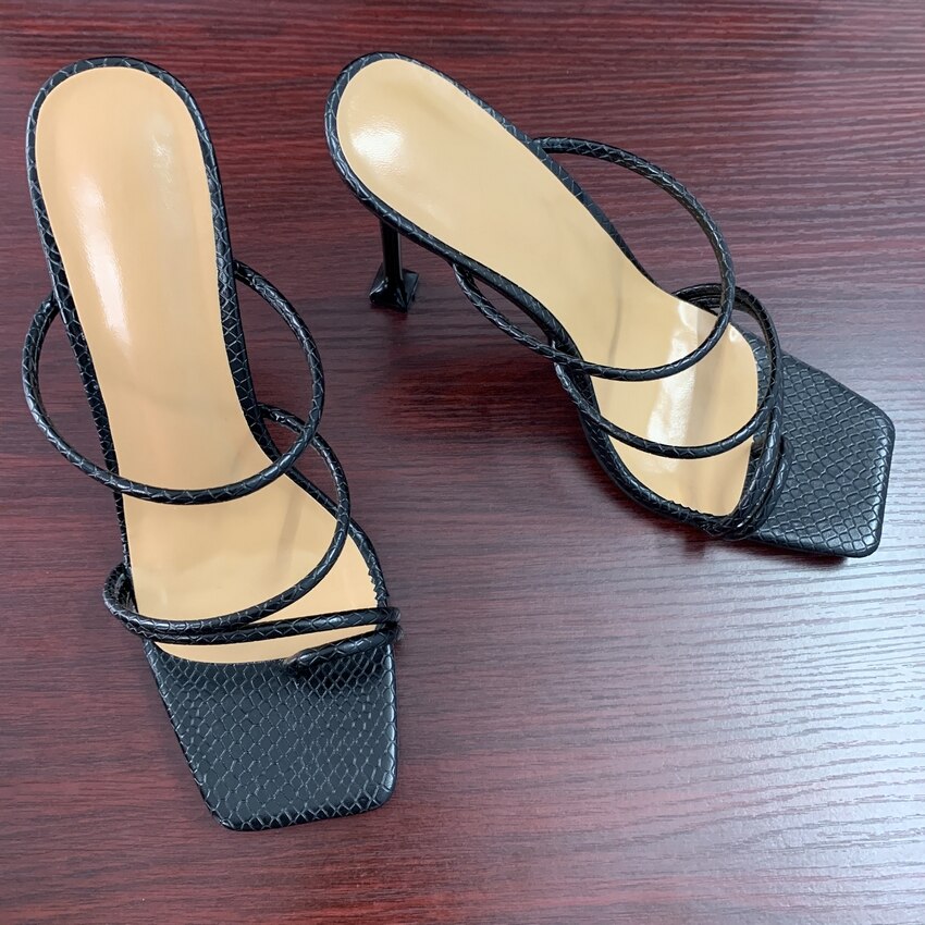 Women sandals snake print strappy mule heels sandals slippers women high heels flip flops square toe slides party shoes woman image 5