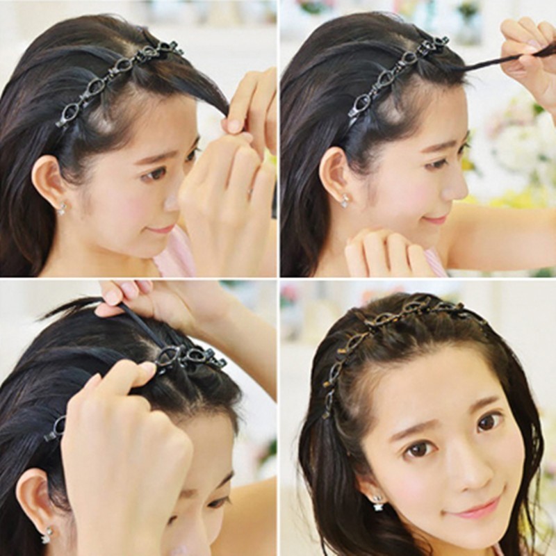 Hands placing hair hoop over front hair section