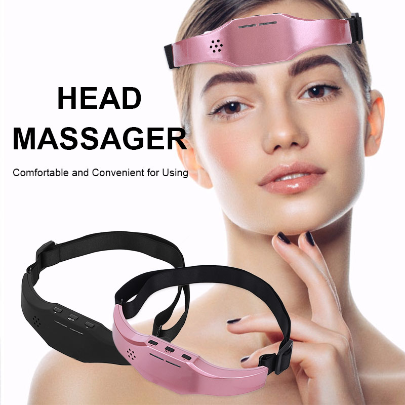 Woman wearing pink electric head massager, demonstrating comfortable fit and dual-color design on soft background.