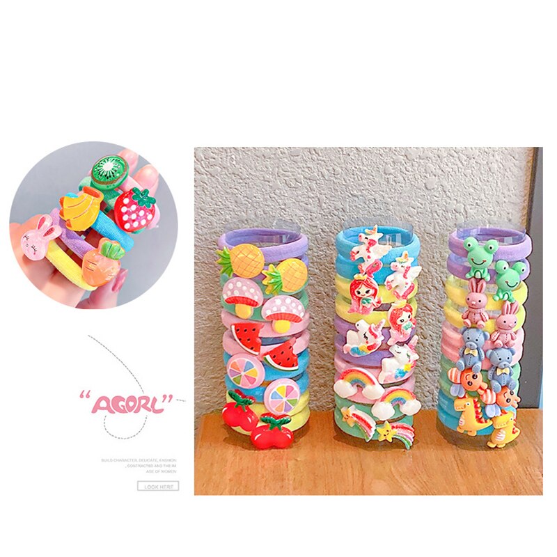 Ten-piece assortment of decorated elastic hair bands