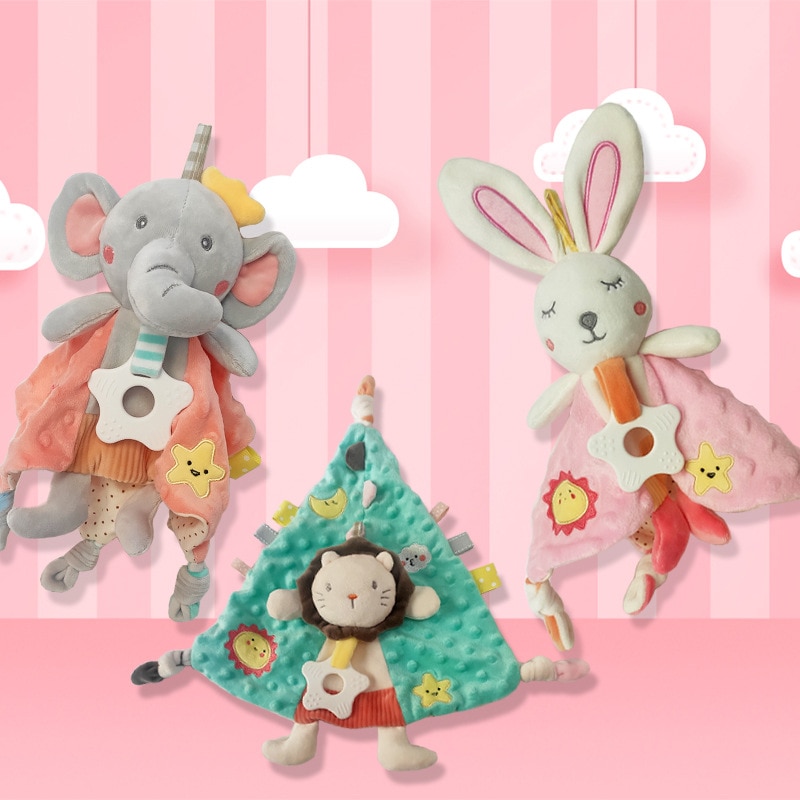 Pastel elephant rabbit and lion comfort toy designs