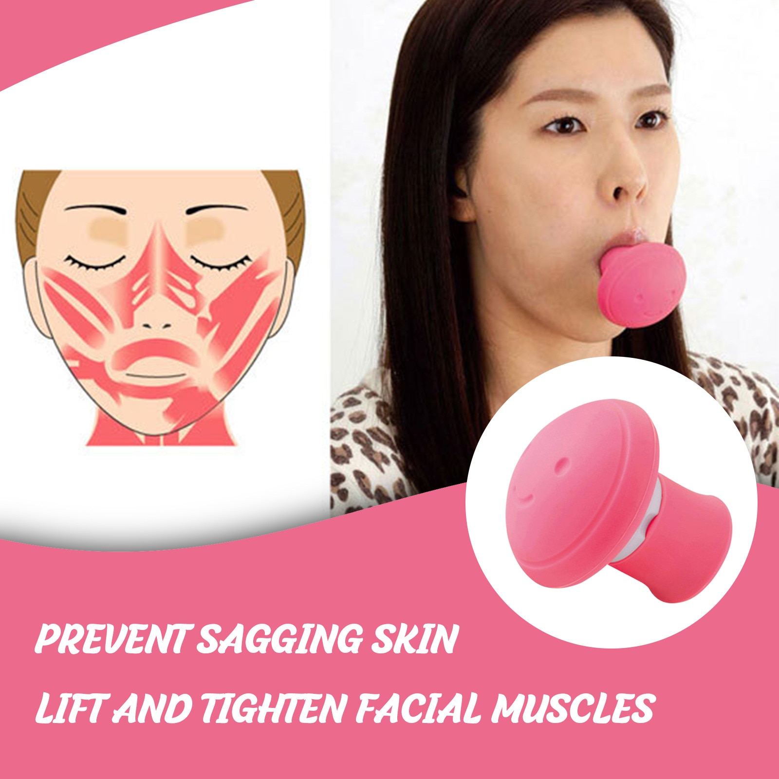 Hot pink silicone facial exercise device with dual rounded heads on cream marble background, editorial angle
