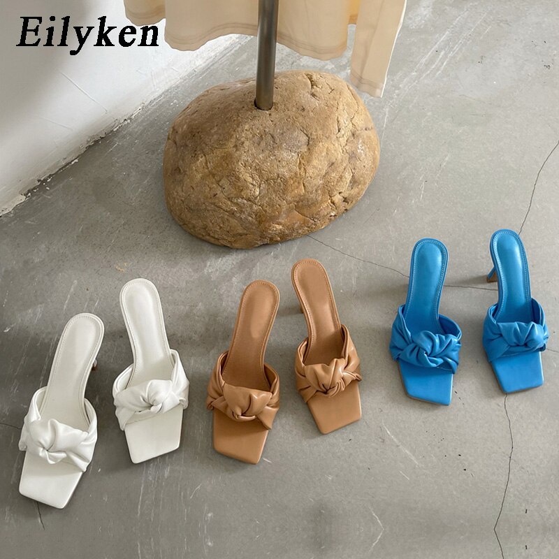 Design Pleated PU Leather Women Slippers Square Toe High Heels Ladies Slides Summer Outdoor Dress Shoes image 5