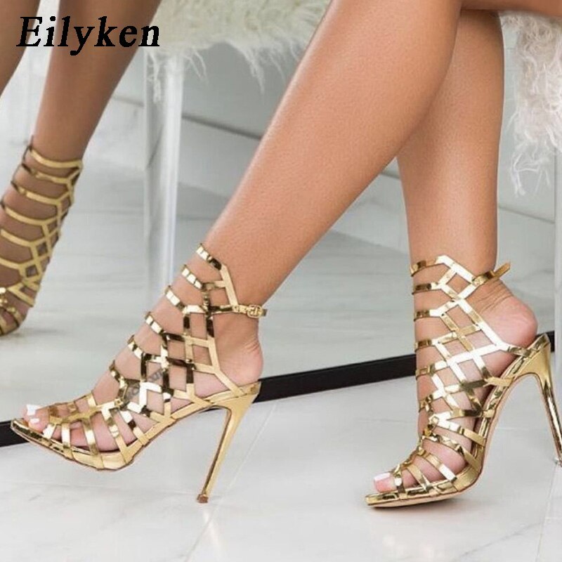 Sexy Golden Gladiator Sandals Thin Heels Buckle Strap Wedding Pumps Platform Sandals image 4