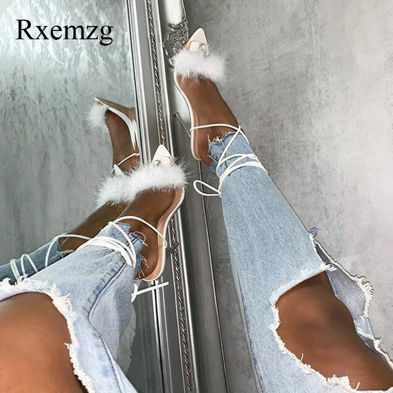 summer shoes woman pointed toe snake print high heels sexy feather women sandals ankle cross strap transparent clear heel image 8