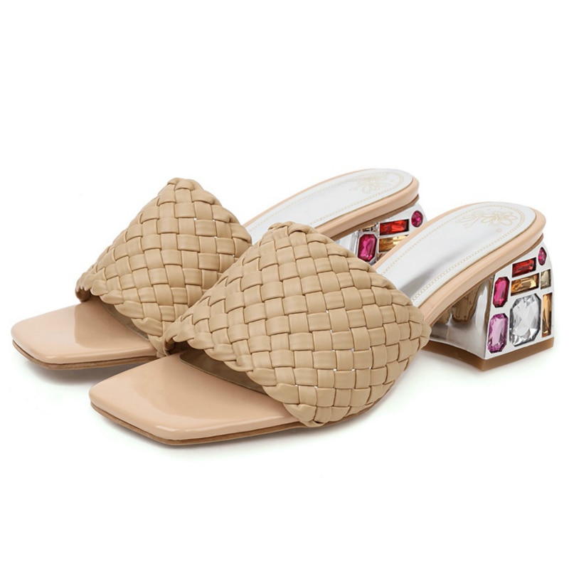 Comfort Summer Women Mules Shoes Outdoor Luxury Crystal Women Slide Low Heels Casual Knitted Beach Women's Slipper 48 image 10