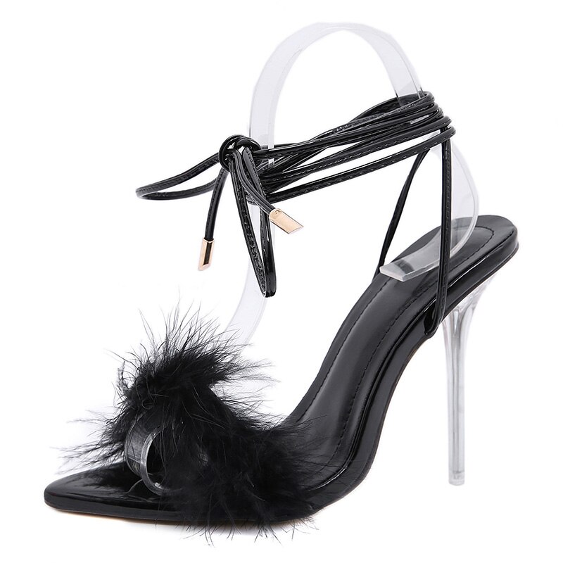summer shoes woman pointed toe snake print high heels sexy feather women sandals ankle cross strap transparent clear heel image 5