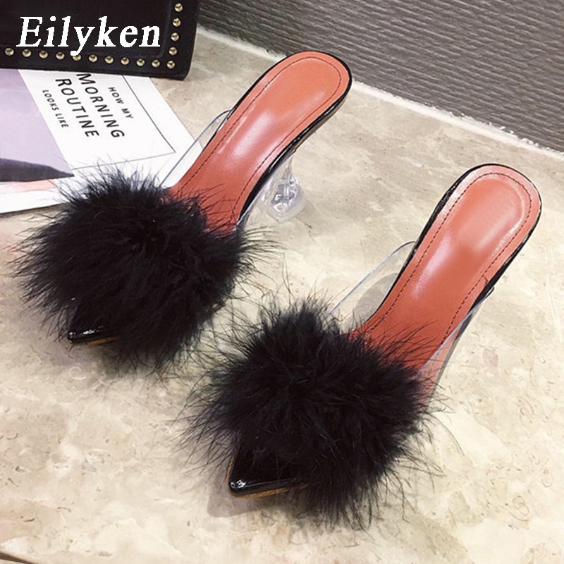 Summer Woman Pumps PVC Transparent Feather Perspex Crystal High Heels Fur Peep Toe Mules Slippers Ladies Slides Shoes image 5