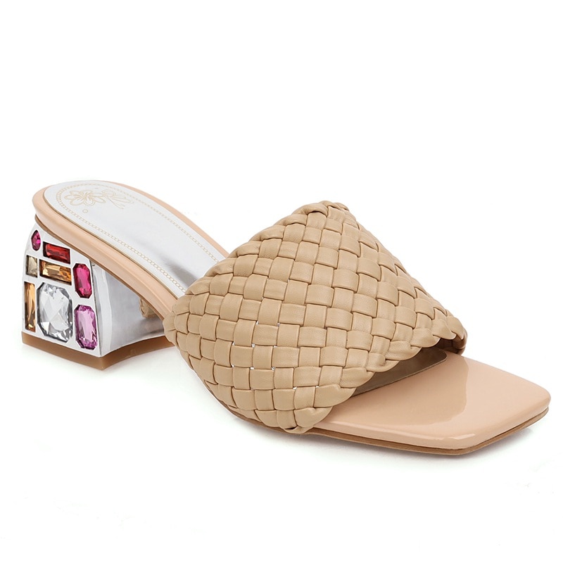 Comfort Summer Women Mules Shoes Outdoor Luxury Crystal Women Slide Low Heels Casual Knitted Beach Women's Slipper 48 image 5