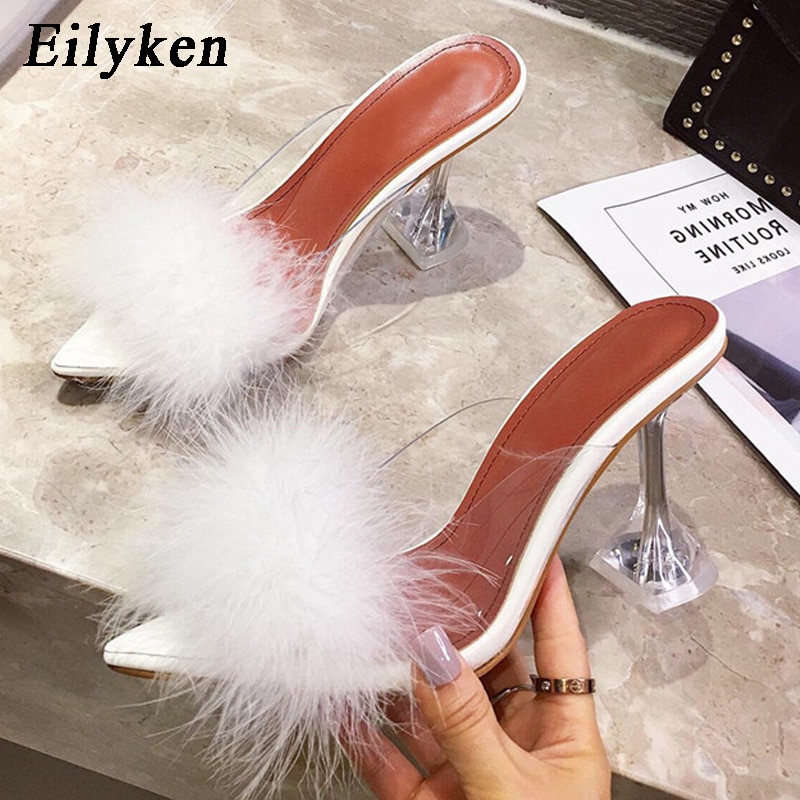 Summer Woman Pumps PVC Transparent Feather Perspex Crystal High Heels Fur Peep Toe Mules Slippers Ladies Slides Shoes image 10