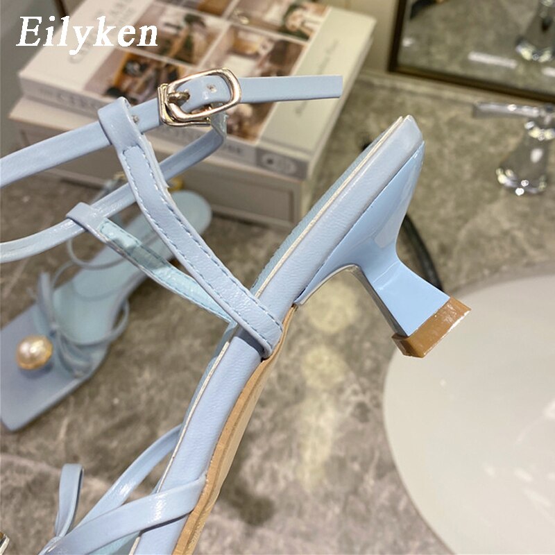 Pearl Decoration Clip Toe Square Toe Ankle Buckle Strap Sandals Summer Women Low Heels Party Dress Shoes image 5