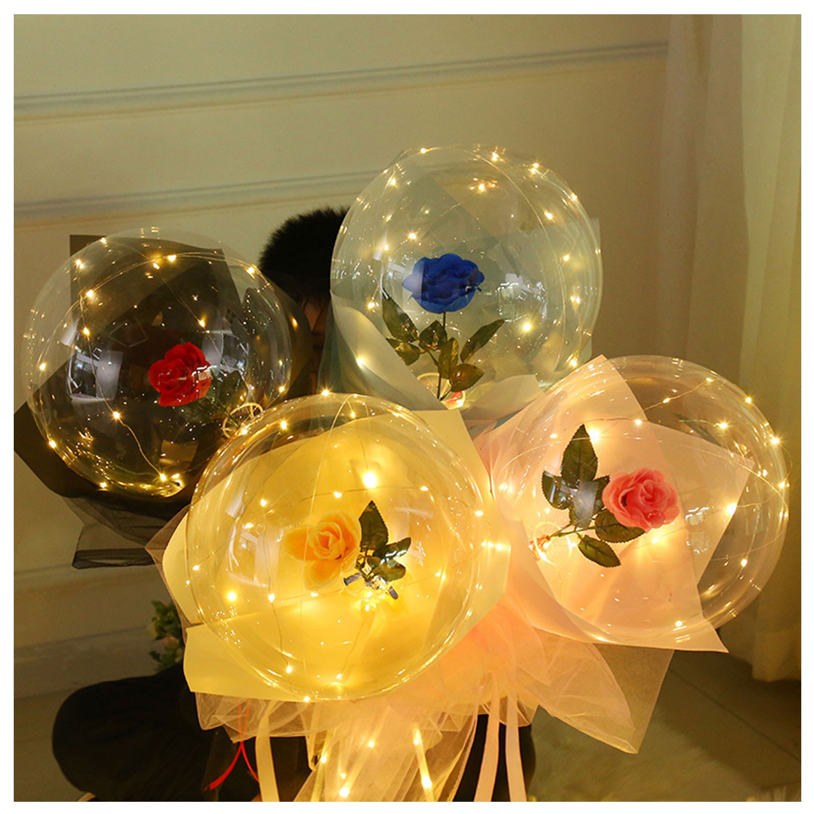 LED Luminous Balloon Rose Bouquet Transparent Bobo Ball Rose Valentines ...