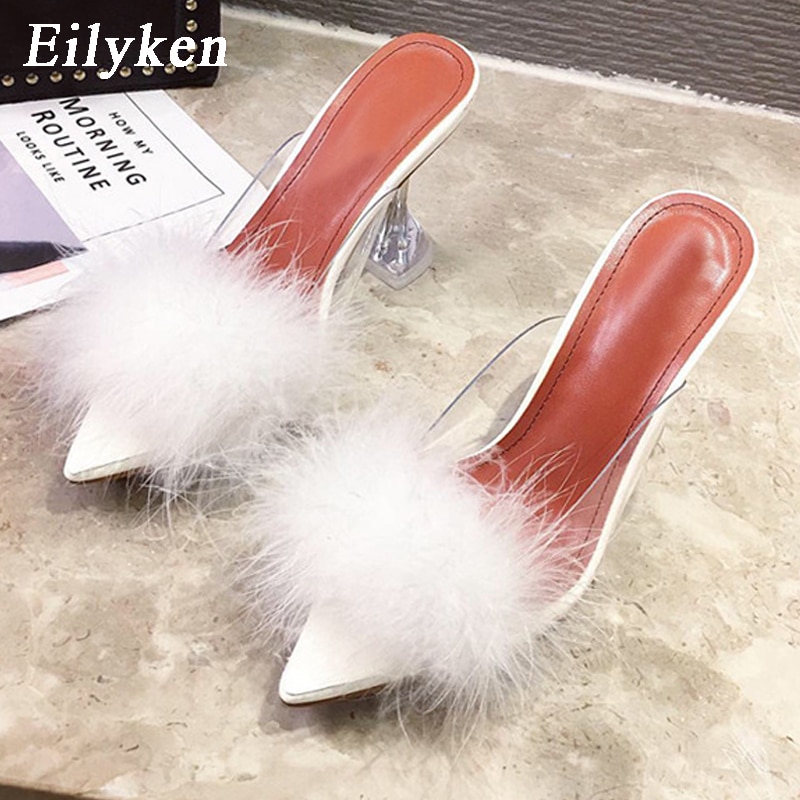 Summer Woman Pumps PVC Transparent Feather Perspex Crystal High Heels Fur Peep Toe Mules Slippers Ladies Slides Shoes image 3