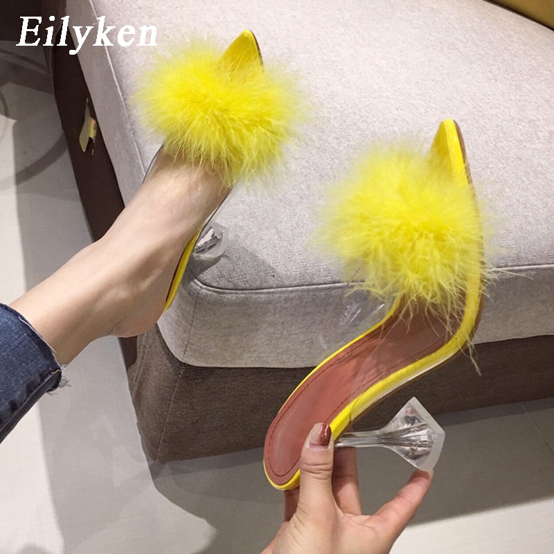Summer Woman Pumps PVC Transparent Feather Perspex Crystal High Heels Fur Peep Toe Mules Slippers Ladies Slides Shoes image 8