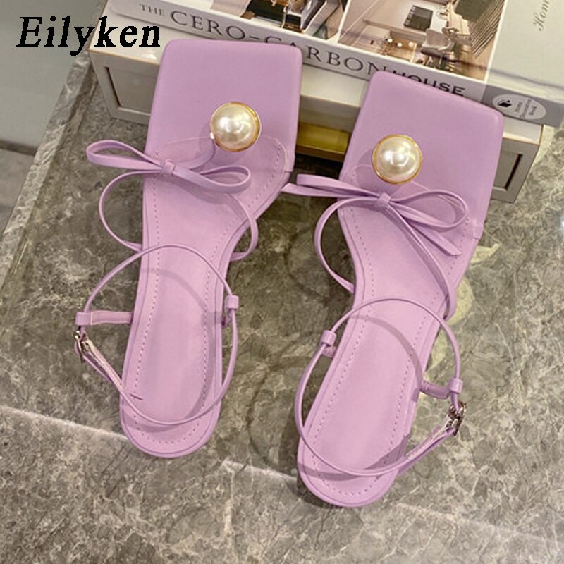 Pearl Decoration Clip Toe Square Toe Ankle Buckle Strap Sandals Summer Women Low Heels Party Dress Shoes image 8