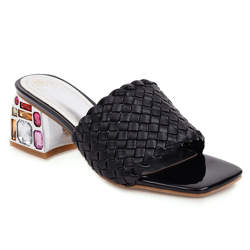 Comfort Summer Women Mules Shoes Outdoor Luxury Crystal Women Slide Low Heels Casual Knitted Beach Women's Slipper 48 image 4