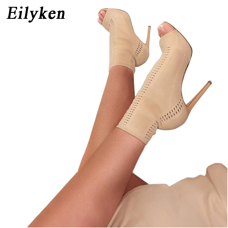Womens Boots Green Elastic Knit Sock Boots Ladies Open Toe High Heels Kardashian Ankle Boots Women Pumps image 6