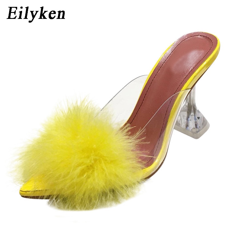 Summer Woman Pumps PVC Transparent Feather Perspex Crystal High Heels Fur Peep Toe Mules Slippers Ladies Slides Shoes image 6