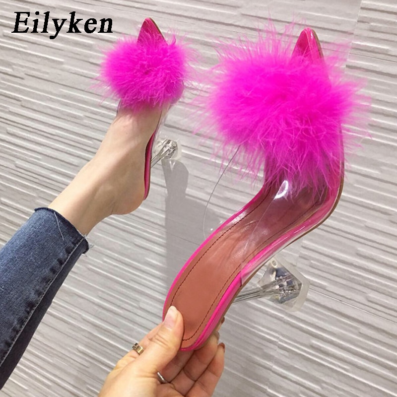 Summer Woman Pumps PVC Transparent Feather Perspex Crystal High Heels Fur Peep Toe Mules Slippers Ladies Slides Shoes image 7
