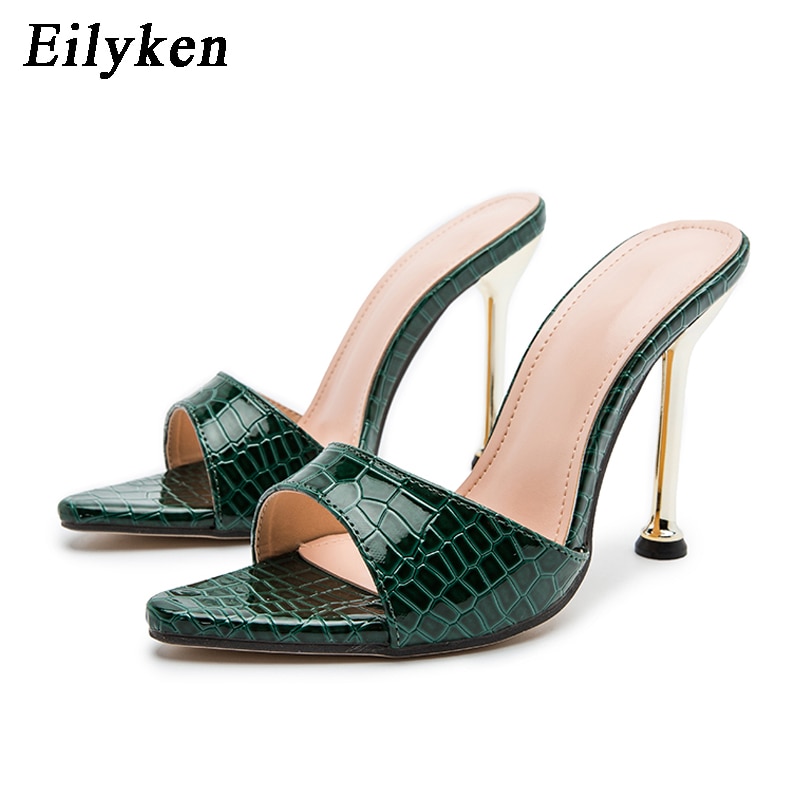 Eilyken Summer Women Slippers Snake Print Mule High Heels Shoes Sandals Sexy Pointed Toe Metal Heel Slides Party Dress Shoes image 4