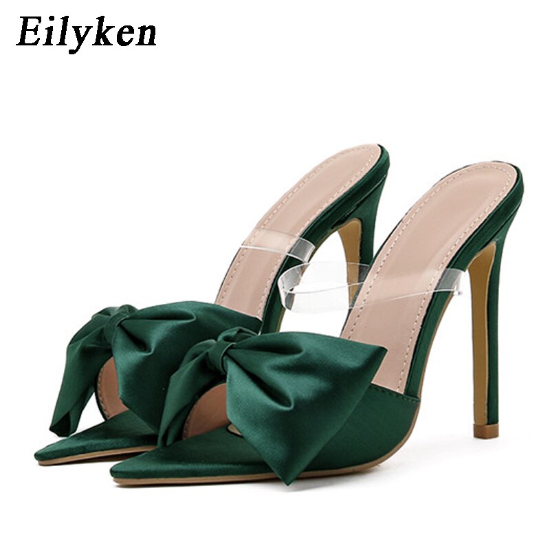 Bowknot Women's Slippers Pointed Toe Thin High Heels Summer Elegant Dress Party Ladies Slides Pumps Shoes image 9