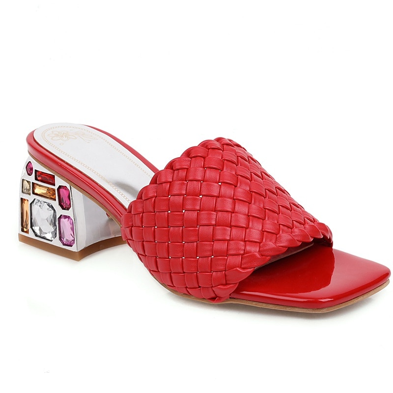 Comfort Summer Women Mules Shoes Outdoor Luxury Crystal Women Slide Low Heels Casual Knitted Beach Women's Slipper 48 image 3