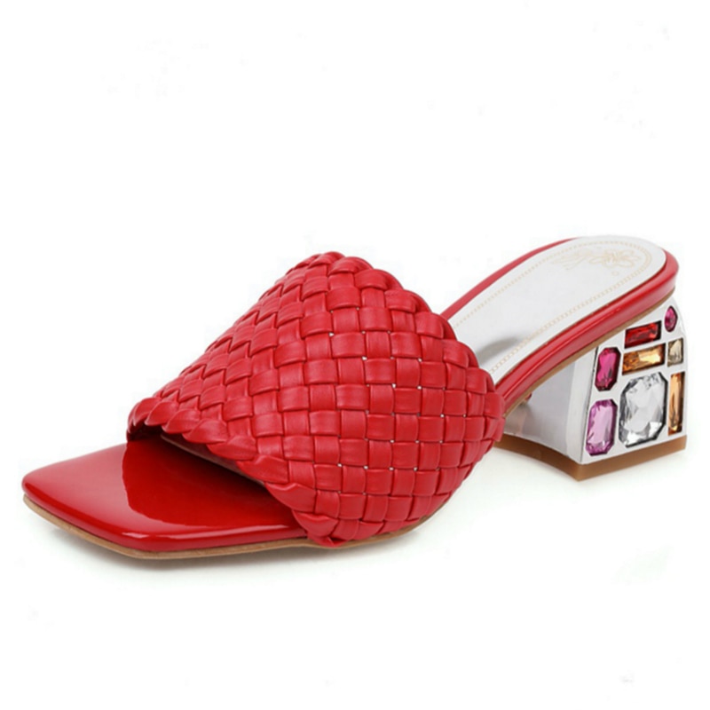 Comfort Summer Women Mules Shoes Outdoor Luxury Crystal Women Slide Low Heels Casual Knitted Beach Women's Slipper 48