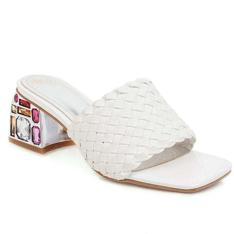 Comfort Summer Women Mules Shoes Outdoor Luxury Crystal Women Slide Low Heels Casual Knitted Beach Women's Slipper 48