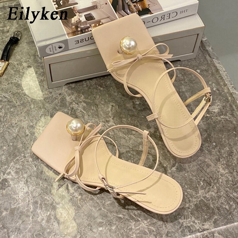 Pearl Decoration Clip Toe Square Toe Ankle Buckle Strap Sandals Summer Women Low Heels Party Dress Shoes image 4
