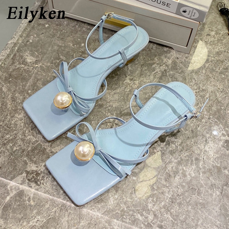 Pearl Decoration Clip Toe Square Toe Ankle Buckle Strap Sandals Summer Women Low Heels Party Dress Shoes