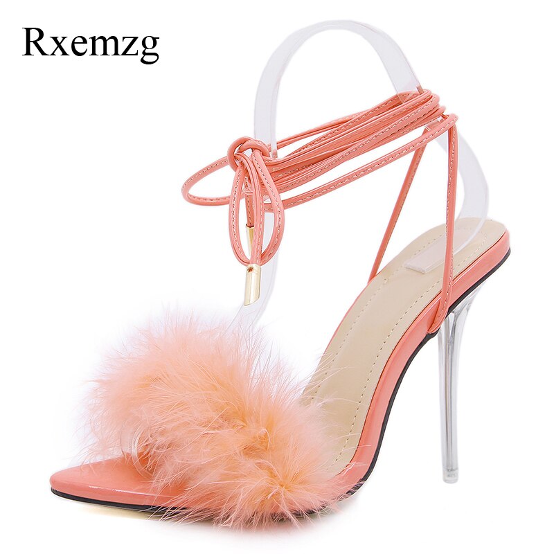 summer shoes woman pointed toe snake print high heels sexy feather women sandals ankle cross strap transparent clear heel image 7