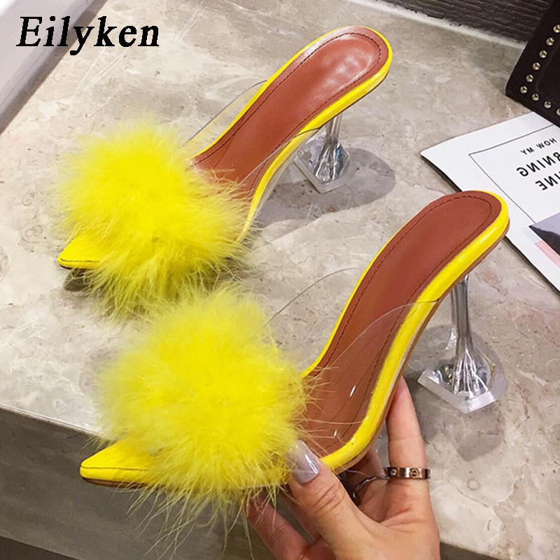 Summer Woman Pumps PVC Transparent Feather Perspex Crystal High Heels Fur Peep Toe Mules Slippers Ladies Slides Shoes image 11