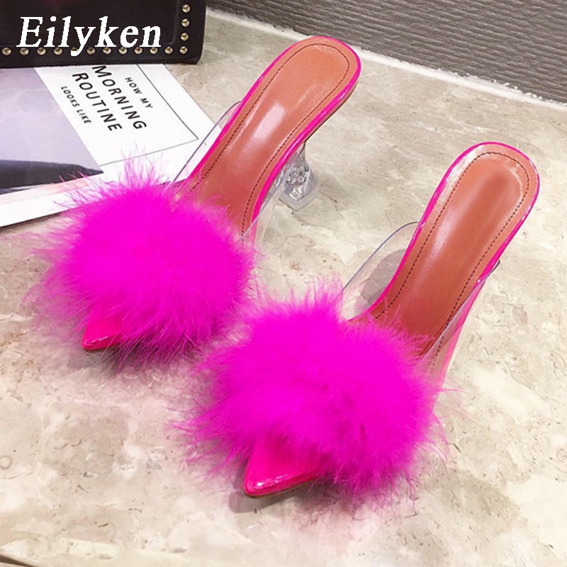 Summer Woman Pumps PVC Transparent Feather Perspex Crystal High Heels Fur Peep Toe Mules Slippers Ladies Slides Shoes image 4