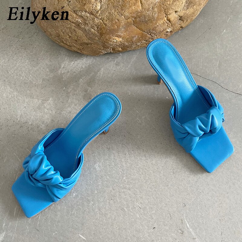 Design Pleated PU Leather Women Slippers Square Toe High Heels Ladies Slides Summer Outdoor Dress Shoes image 7