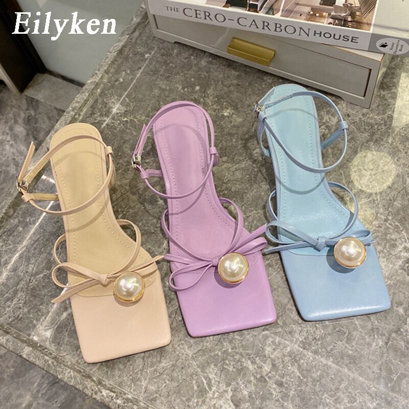 Pearl Decoration Clip Toe Square Toe Ankle Buckle Strap Sandals Summer Women Low Heels Party Dress Shoes image 6