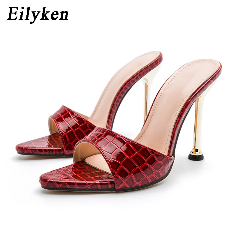 Eilyken Summer Women Slippers Snake Print Mule High Heels Shoes Sandals Sexy Pointed Toe Metal Heel Slides Party Dress Shoes image 3