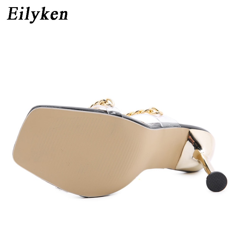 Sexy Transparent PVC Slippers Summer Thin High Heels Chain Design Slip On Square Toe Mules Slides Women Shoes image 4