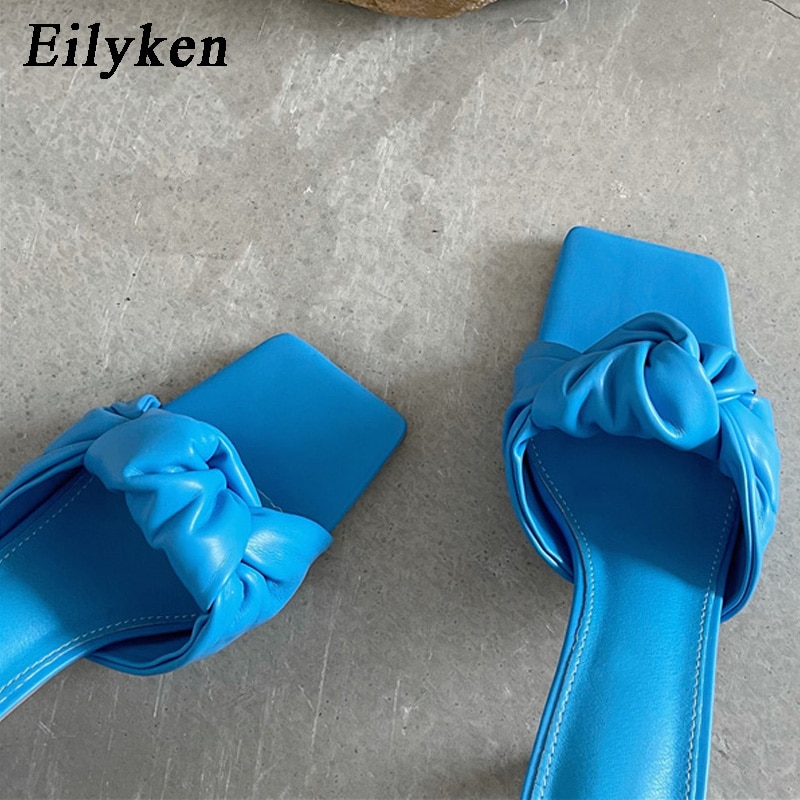 Design Pleated PU Leather Women Slippers Square Toe High Heels Ladies Slides Summer Outdoor Dress Shoes image 6