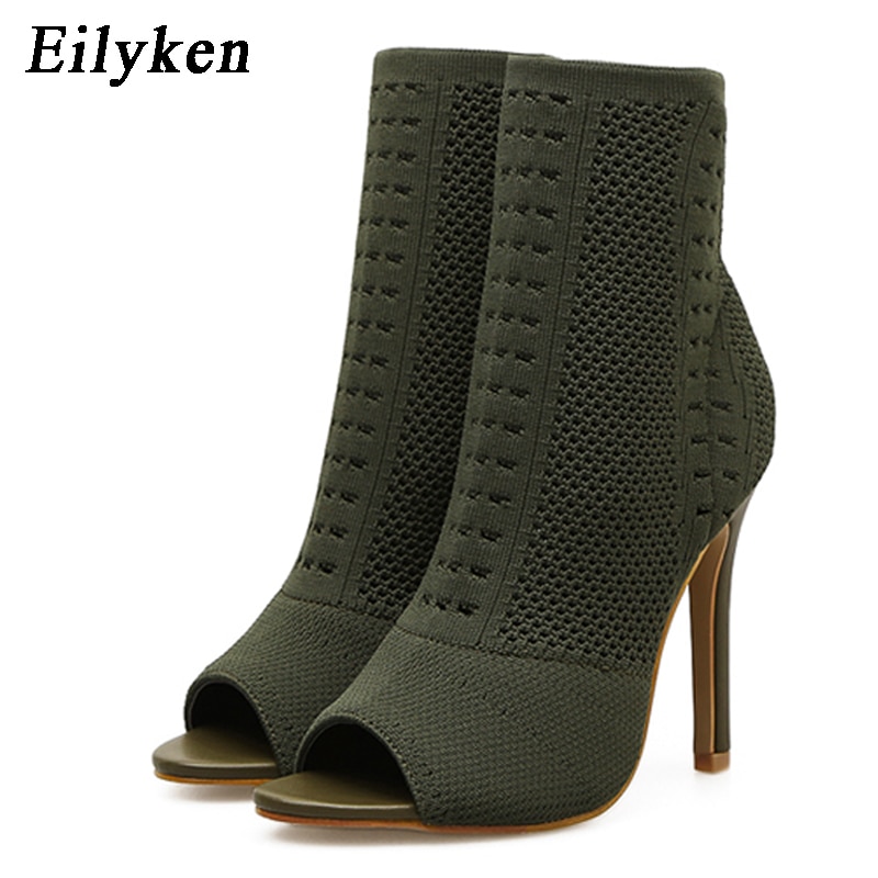 Womens Boots Green Elastic Knit Sock Boots Ladies Open Toe High Heels Kardashian Ankle Boots Women Pumps image 9