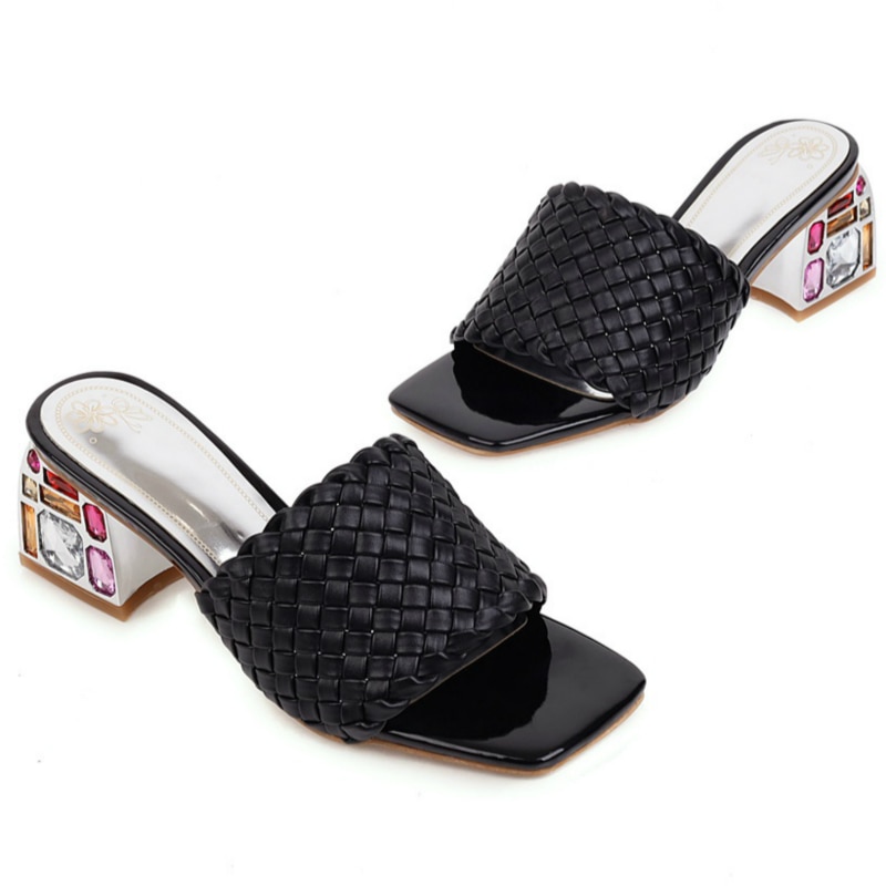 Comfort Summer Women Mules Shoes Outdoor Luxury Crystal Women Slide Low Heels Casual Knitted Beach Women's Slipper 48 image 9