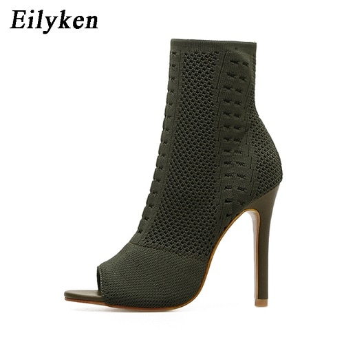 Womens Boots Green Elastic Knit Sock Boots Ladies Open Toe High Heels Kardashian Ankle Boots Women Pumps